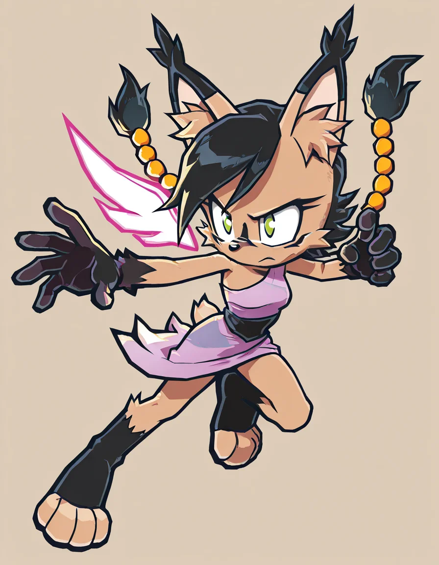 masterpiece, best quality, amazing quality, newest, absurdres, highres, sbstyle, sonic \(series\), solo, 1girl, nicole the lynx, green eyes, hair beads, small breasts, single-shoulder dress, 4 toes, neon wings, fighting, dynamic pose, dutch angle, simple background, flat color