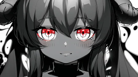 masterpiece, best quality, ultra-detailed, illustration, epic lighting, cinematic composition, colorful, sharp:1.1, 1girl, glowing eyes, demon, horns, hell, flames, sparks, (((monochrome))), (((spot color))) (extremely detailed CG:1.2), (8k:1.1)