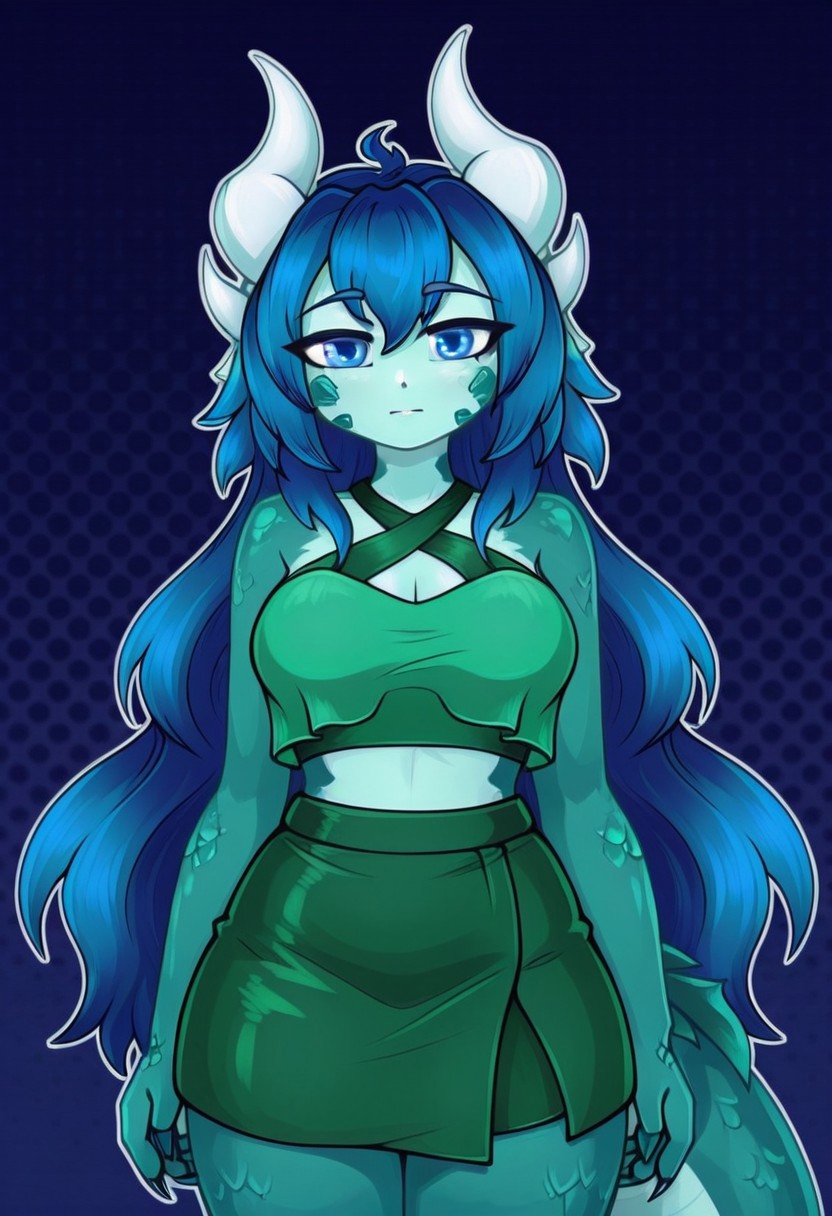 1girl, solo, monster girl, dragon girl, green skin, long hair, blue hair, blue eyes, green top, green skirt, looking at viewer