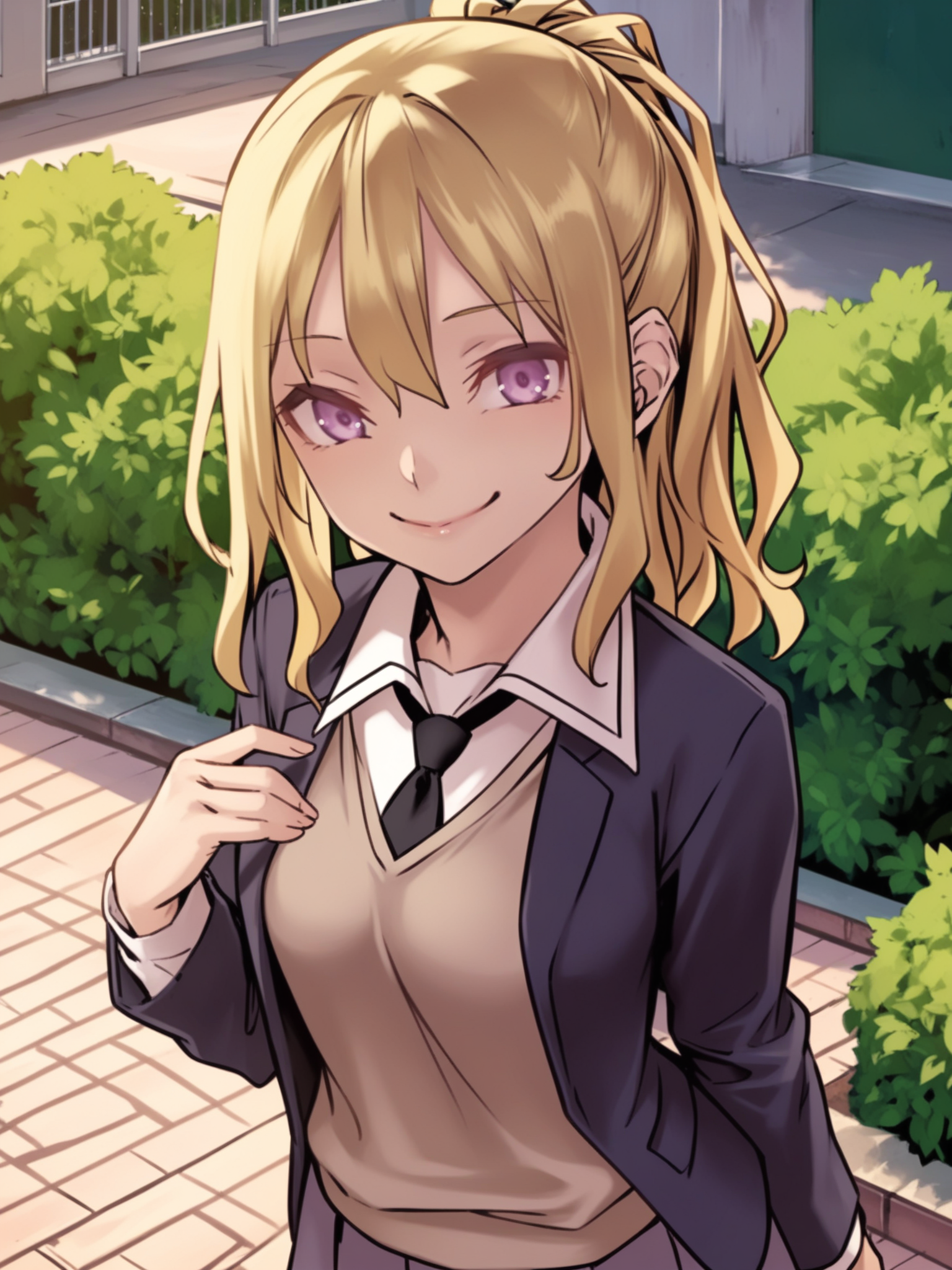 <lora:happy_tentacle-fuyuno-v0.3-000021:1>, ht_fuyuno, blonde hair, school uniform, collared shirt, sweater vest, blazer, pleated skirt, necktie , outdoors 1girl, solo, portrait , , ( smile :1.1), , , , , score_9, score_8_up, score_7_up, score_6_up, score_5_up, score_4_up