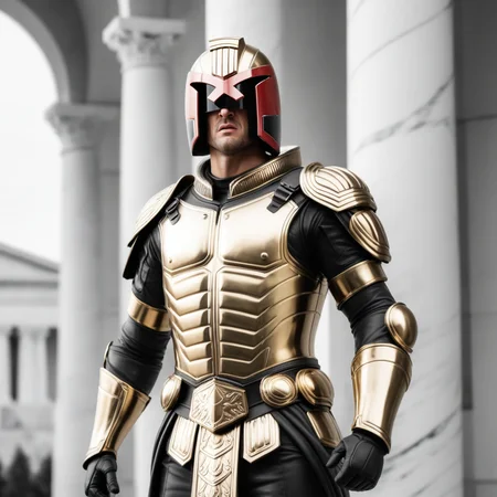 ((white gold marble statue of jdgdrdd)) helmet, armor, full body,  high quality, 4k resolution  angry, shouting blurry foreground, 8k resolution, bokeh, <lora:Char_maj-JudgeDredd2012v2-SDXL:0.8> jdgdrdd ((monochrome, black and white)), greek architecture