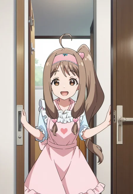 score_9, source_anime, hayase kinue, long hair, brown hair, brown eyes, 1girl, solo, door, open mouth, side ponytail, hairband, open door, hair ornament, smile, apron, ahoge, looking at viewer, opening door, heart