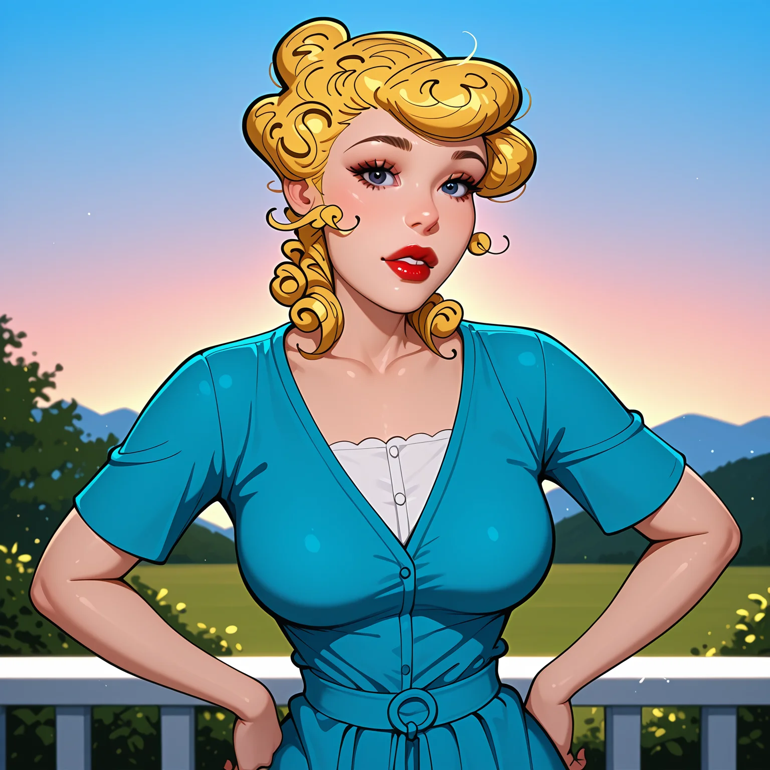 absurdres, 8k, high resolution, masterpiece, best quality, absolutely fantastic art, amazing quality, very aesthetic, 1girl, solo, <lora:Blondie_Bumstead:.8>, bl0ndie, curly hair, blonde hair, looking at viewer, lipstick, parted lips, hands on hips, black eyes, sky, outdoors, dress, realistic, red lips, blue eyes, <lora:artist_moriimee:.7>, artist:moriimee,
