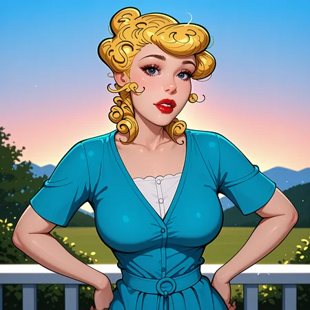 absurdres, 8k, high resolution, masterpiece, best quality, absolutely fantastic art, amazing quality, very aesthetic, 1girl, solo,  <lora:Blondie_Bumstead:.8>, bl0ndie, curly hair, blonde hair, looking at viewer, lipstick, parted lips, hands on hips, black eyes, sky, outdoors, dress, realistic, red lips, blue eyes, <lora:artist_moriimee:.7>, artist:moriimee,