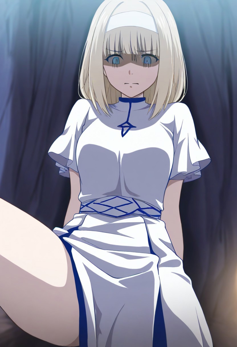 (masterpiece, best quality,novel illustration), 
<lora:Ymir Fritz_Illustrious:0.8>,ymir_fritz,1girl, solo, hairband, blonde hair, bangs, blue eyes, medium hair,shaded face,white dress, short sleeves,
hdowngbang