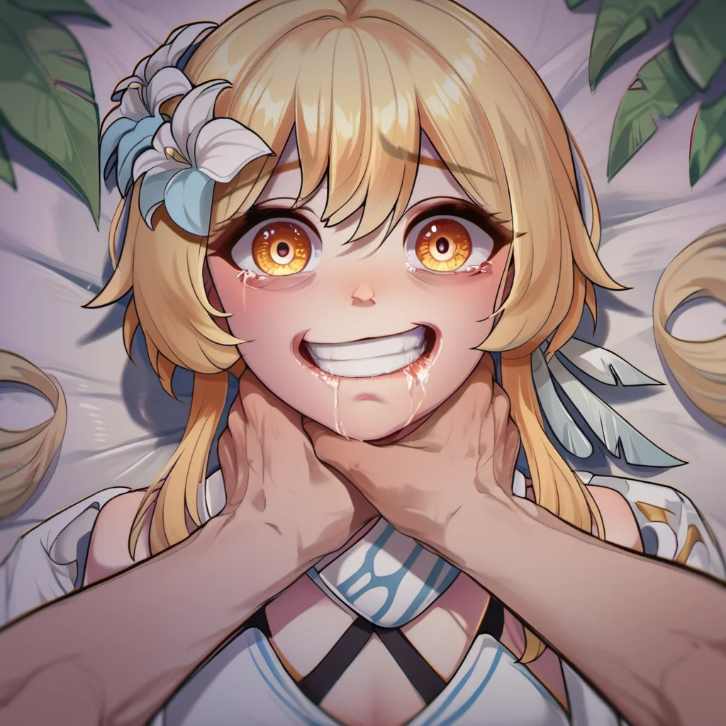 score_9, score_8_up, score_7_up, score_6_up, score_5_up, score_4_up,
1girl, 1boy, pov, choking, looking at viewer, grin, wide-eyed, drooling,
lumine \(genshin impact\),
<lora:ponyxl-choking-concept-v03:1>