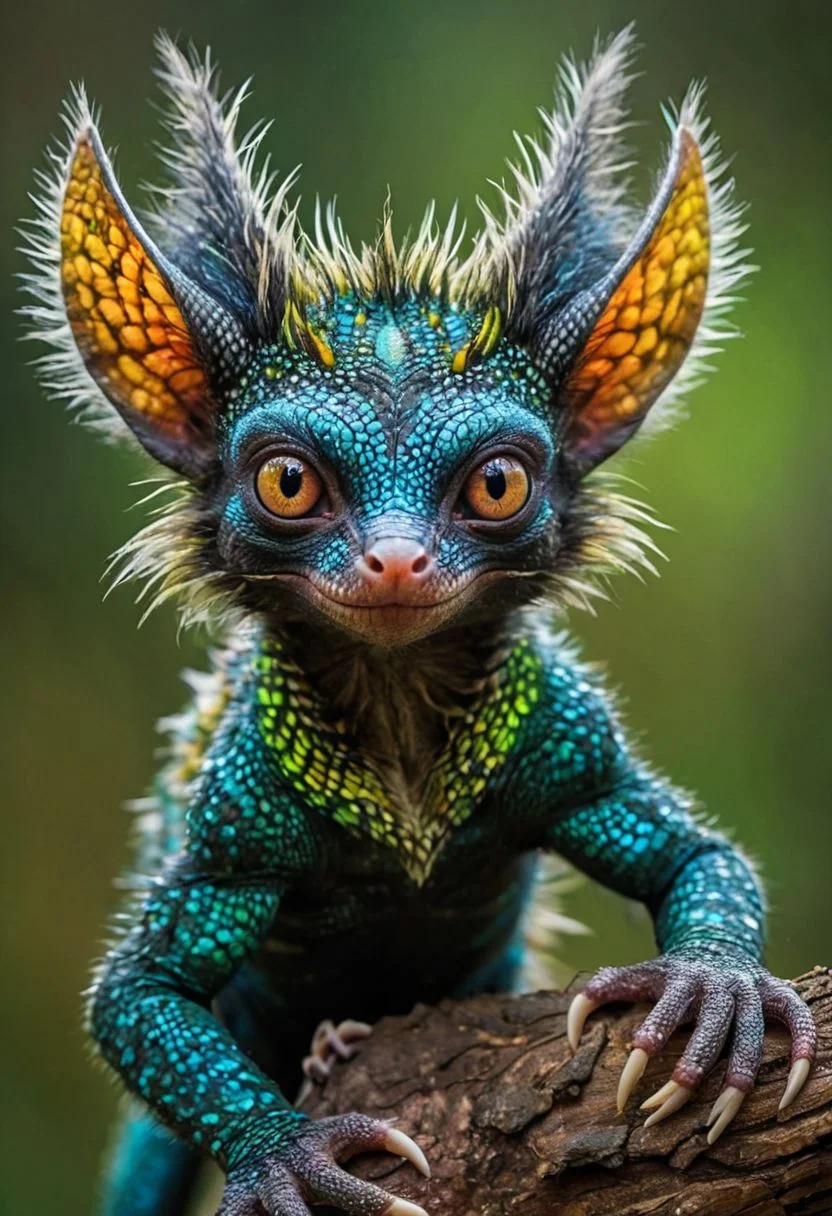 Produce a visually striking, masterpiece of wildlife photograph of a hybrid creature, combining the vibrant, intricate scales of a colorful lizard with the endearing features of a cute aye-aye. The hybrid creature's skin boasts a kaleidoscope of rich, iridescent hues, ranging from deep emerald greens to shimmering sapphire blues, creating a mesmerizing display of color and texture. Its eyes, large and expressive like those of an aye-aye, exude a sense of innocence and curiosity, framed by long, fluffy lashes that add a touch of whimsy to the creature's appearance. The creature's slender fingers, tipped with delicate claws, exhibit a surprising dexterity and grace, while its tail, adorned with intricate patterns reminiscent of exotic reptilian scales, coils elegantly around its body. The vivid contrast between the lizard's reptilian features and the aye-aye's endearing characteristics results in a captivating, one-of-a-kind creature that effortlessly blends beauty and charm.