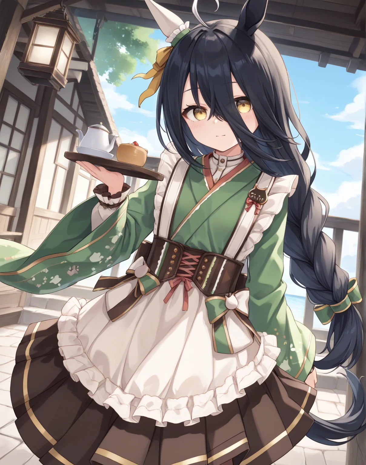 score_9, score_8_up, score_7_up, official art, masterpiece, high quality, megami magazine, official style, game cg, 1girl, (looking at viewer:1.4), (open mouth:0.6), , expressionless, blush, Pretending to be a pirate with a hook hand, dutch angle, ,
manhattan cafe (umamusume), ahoge, animal ears, black hair, highres, tail, horse tail, horse ears, horse girl, long hair, multicolored hair, hair between eyes, yellow eyes, shirt, skirt,
mht verdant night, manhattan cafe (verdant night) (umamusume), corset, brown corset, ear covers, single ear cover, kimono, green kimono, frilled kimono, japanese clothes, long bangs, long sleeves, maid, wa maid, official alternate costume, official alternate hairstyle, apron, waist apron, white shirt, wide sleeves, brown skirt, pleated skirt, bow, braid, single braid, braided ponytail, ear ribbon, green bow, hair bow, ribbon, yellow ribbon, frilled apron, frills, paw print, eyelashes, low-tied long hair, green ribbon, hair ribbon, , <lora:umamusume_manhattan_cafe_verdant_night_pony_v1:1>,,