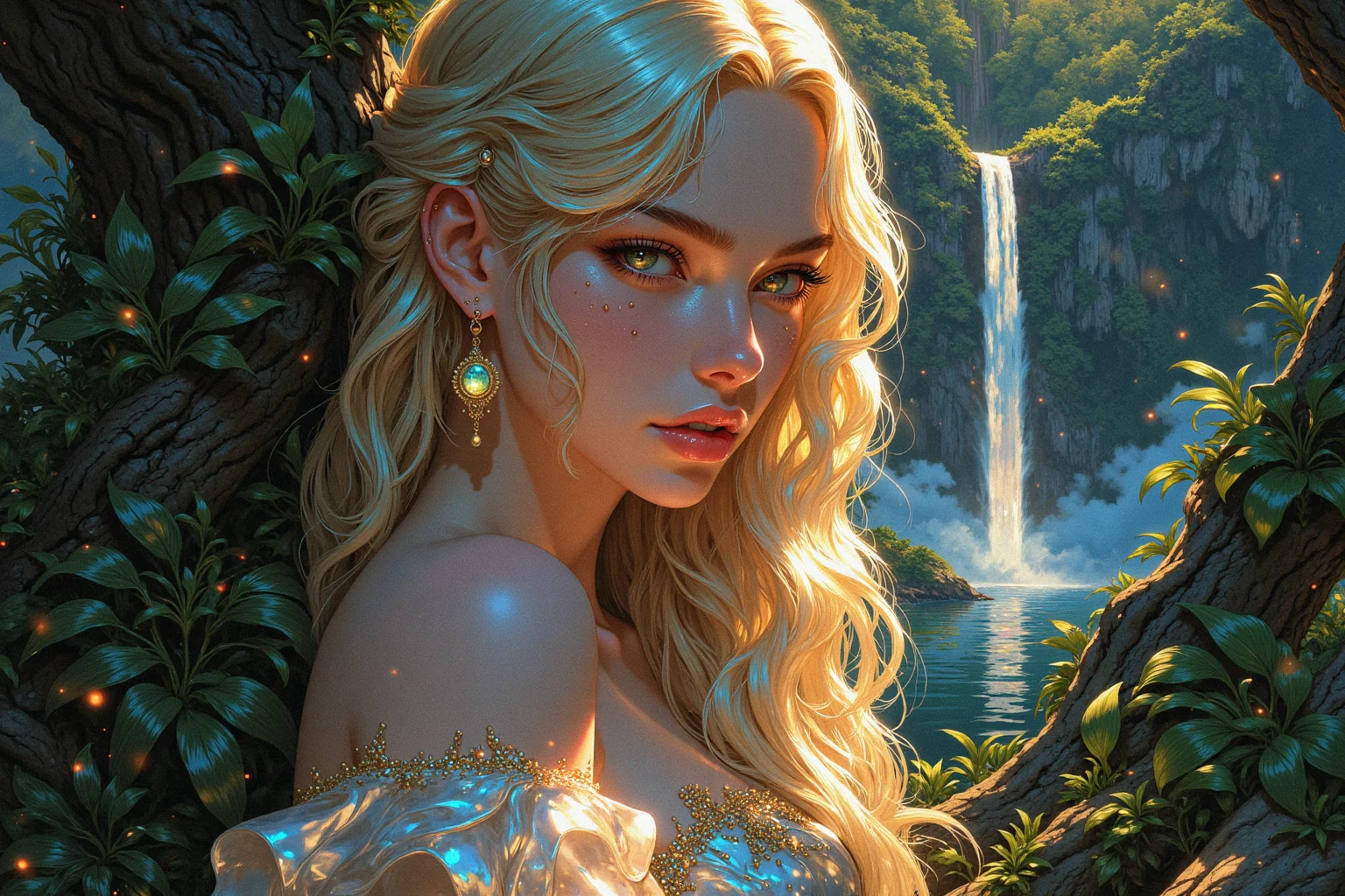 A breathtaking close-up of an ethereal young woman with mesmerizing emerald-green eyes, their irises shimmering like precious gemstones, reflecting the soft glow of the enchanted forest around her. Her golden hair cascades in silky waves, each strand catching the moonlight, as if woven from pure sunlight. Delicate, luminescent freckles dust her porcelain skin, adding to her otherworldly beauty.  

She wears an elegant, flowing silver gown, its fabric weightless and almost translucent, shimmering like liquid starlight as it drapes over her delicate frame. Tiny enchanted symbols subtly glisten along the edges of the gown, glowing faintly with ancient magic. Her expression is serene, yet filled with an air of quiet mystery, as if she holds the secrets of the universe in her gaze.  

Her slender fingers gently press against the bark of an ancient, glowing tree, its surface pulsating with soft, golden energy, sending tiny sparks into the air like drifting embers. A faint aura surrounds her, as if nature itself bends toward her presence. Swirling mist weaves through the towering trees, illuminated by thousands of floating fireflies that glow like tiny lanterns, casting an enchanting golden haze across the scene.  

In the distance, the soothing melody of a hidden waterfall echoes through the mystical landscape, its silvery cascades reflecting the celestial constellations above. The night sky, barely visible through the dense canopy, glows with a cosmic radiance, as if the heavens themselves are watching over her.  

Cinematic lighting enhances every detail, from the delicate shimmer of her gown to the soft luminescence of her eyes. Ultra-detailed, fantasy realism, 8K resolution, dreamlike atmosphere, visually breathtaking.  

Art in the style of Yomu_Yakadashi.

EpicGorgeousDetails, cinna flow, 8k detailed neon themed digital illustration style, 8uartz4r4