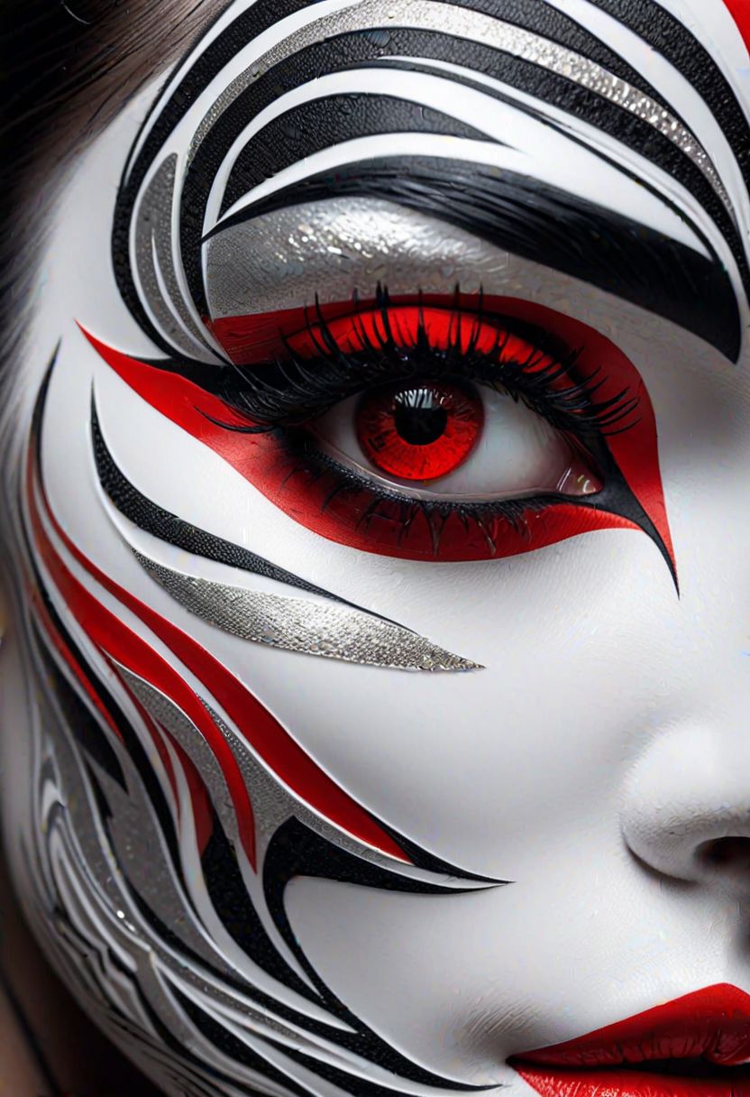 Woman, body art, hyper realistic eye, black, red, white, abstraction, sculpted, shading, porcelain skin, bold, 3D, UHD, multidimensional, deep fractal, rocco etched shapes, skin, dark, silver, close-up, intensity
