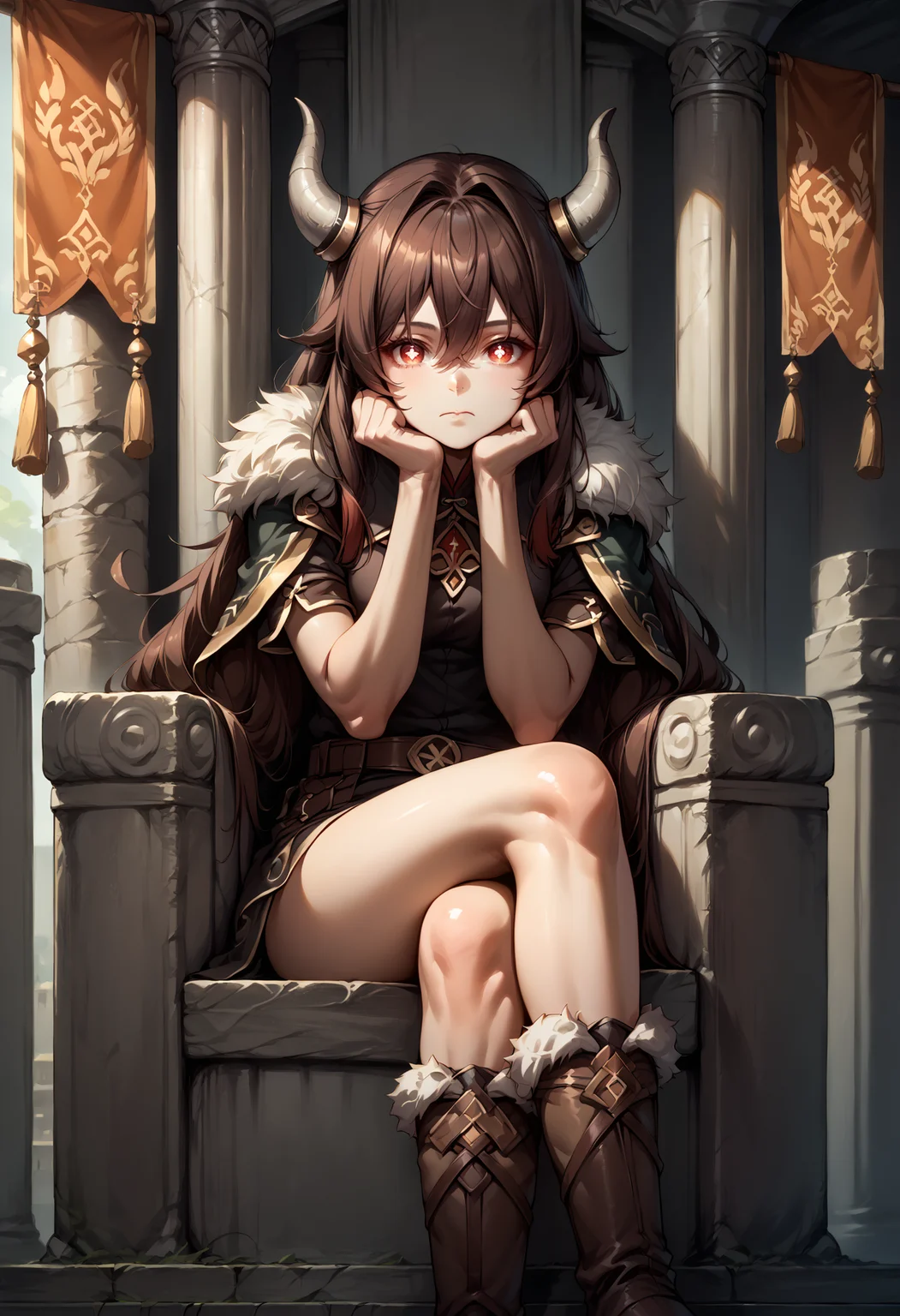 score_9, score_8_up, score_7_up, source_anime, 1girl, solo, looking at viewer, HuTao_DskFll, long hair, brown hair, hair between eyes, twintails, sidelocks, viking, fur trim, indoors, throne room, throne, pillar, banner, stone wall, sitting, from side, crossed legs, hand between legs, belt, boots, fur-trimmed boots, head rest, elbow rest, red eyes, symbol-shaped pupils, closed mouth