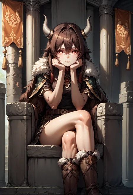 score_9, score_8_up, score_7_up, source_anime, 1girl, solo, looking at viewer, HuTao_DskFll, long hair, brown hair, hair between eyes, twintails, sidelocks, viking, fur trim, indoors, throne room, throne, pillar, banner, stone wall, sitting, from side, crossed legs, hand between legs, belt, boots, fur-trimmed boots, head rest, elbow rest, red eyes, symbol-shaped pupils, closed mouth
