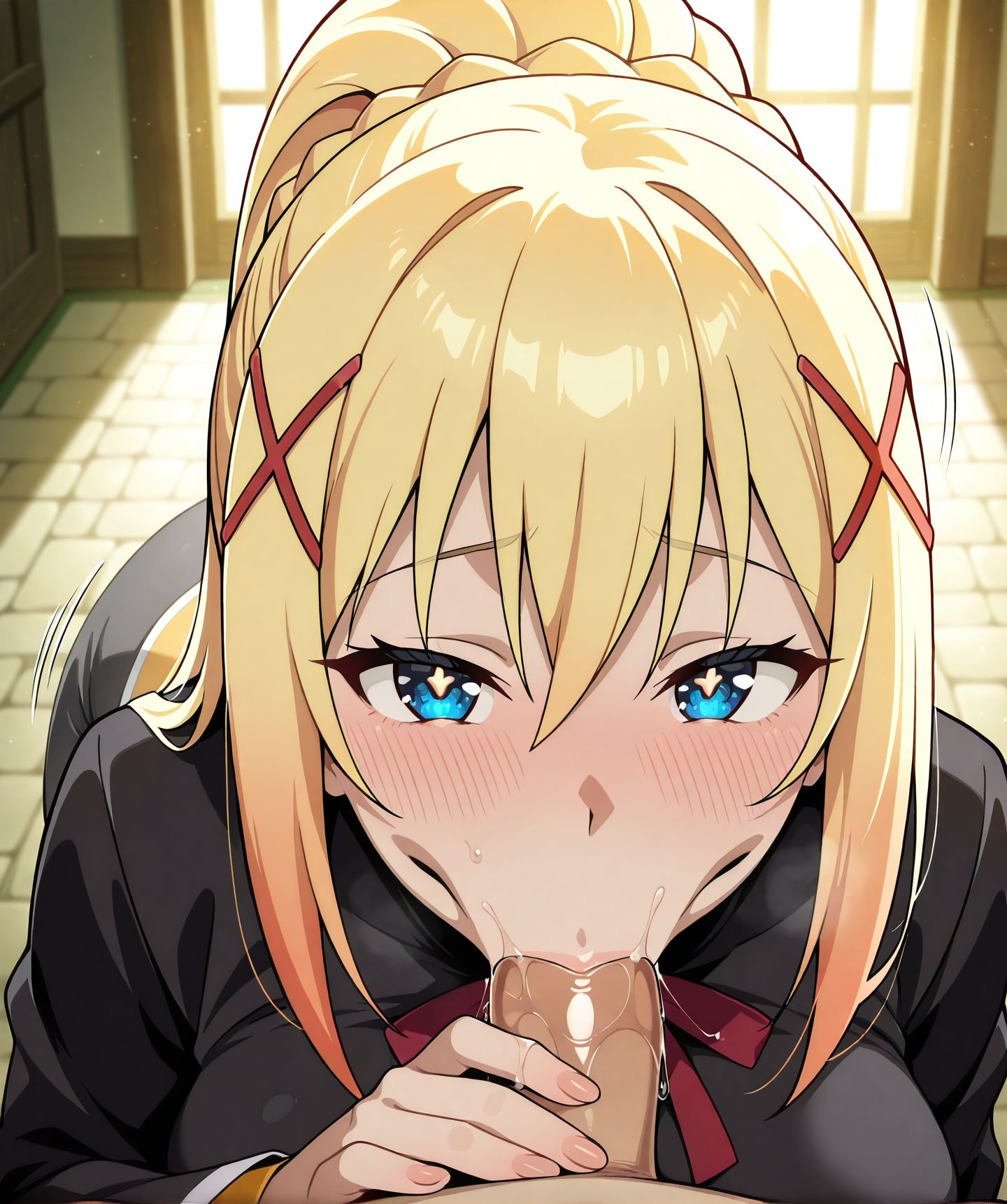 <lora:add-detail-xl:0.5>,,masterpiece, best quality, newest, absurdres, highres, detailed eyes, beautiful, detailed background, perfect eyes, anime coloring, anime screencap,
<lora:Vacuum_Fellatio-000039:0.3>Vacuum_FellatioV1,
vacuum fellatio, :>=, fellatio, face down,
oral, penis, sunken cheeks, pov,  looking at viewer,cum, 
motion lines, motion blur, saliva trail, saliva, 
darkness \(konosuba\), 
kono subarashii sekai ni shukufuku wo!, 
satou kazuma, 
20YO, milf,adult,