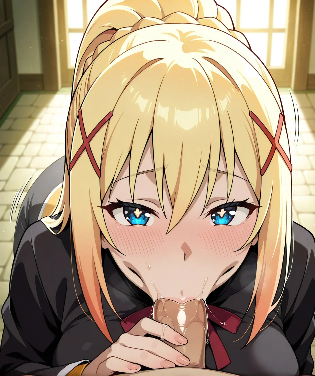 <lora:add-detail-xl:0.5>,,masterpiece, best quality, newest, absurdres, highres, detailed eyes, beautiful, detailed background, perfect eyes, anime coloring, anime screencap,
<lora:Vacuum_Fellatio-000039:0.3>Vacuum_FellatioV1,
vacuum fellatio, :>=, fellatio, face down,
oral, penis, sunken cheeks, pov, looking at viewer,cum,
motion lines, motion blur, saliva trail, saliva,
darkness \(konosuba\),
kono subarashii sekai ni shukufuku wo!,
satou kazuma,
20YO, milf,adult,