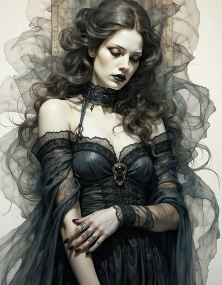 Portrait by Dorota Pietrowiak. This is a highly detailed, surrealistic watercolor painting of a a gothic goddess, her beauty breathtaking and haunting, exuding an aura of power and mystery. Her skin is flawless, a delicate porcelain white, almost translucent under the dim light, giving her an ethereal, ghostly glow. She poses with the grace of a marble statue, her form elegant yet commanding, embodying both feminine allure and gothic majesty. Her long, wavy black hair cascades down like an endless waterfall of ink, flowing over her shoulders and back, blending into the shadows that surround her. The dark waves ripple softly, as if alive with an unseen energy, catching faint glimmers of light that give them a liquid sheen. Her hair frames her face, creating a dramatic contrast with her pale skin, as though she carries the night with her wherever she goes. Her features are strikingly refined, but with a dark, almost supernatural twist. Her high cheekbones and sharp jawline give her an air of power and regality, while her lips, painted a deep, midnight black, form a subtle, knowing smile. The contrast between her dark lips and porcelain skin enhances her otherworldly beauty, making her seem both alluring and untouchable. Goth GIrl, Beauty, Chiaroscuro, High quality Her eyes are large and luminous, like twin black opals, reflecting faint lights that hint at cosmic mysteries. Dark eyeliner frames these hypnotic eyes, making them appear even larger and more intense, drawing the viewer into their mesmerizing depths. They radiate both timeless wisdom and a chilling sense of danger, as if she can see into the very soul of anyone who dares to meet her gaze. Around her eyes, faint tendrils of smoky shadows curl and twist, as if the darkness itself is part of her essence, blurring the line between her and the void. She is adorned in a flowing, jet-black gown, reminiscent of both Victorian elegance and gothic mysticism. The fabric is rich and dark, clinging to her form in graceful folds, with intricate lace patterns along the edges, adding to her gothic regality. The dress is cut to expose her shoulders and collarbone, emphasizing her statuesque posture and the pale, flawless skin beneath. Around her neck, she wears a black velvet choker, adorned with a single obsidian gemstone that glimmers faintly, like a star in the endless night. Her pose is one of quiet authority, her body slightly turned as if caught mid-movement, but still exuding a sense of serene control. Her long, delicate fingers, adorned with silver rings, rest gently on her waist, while her other hand trails at her side, fingers gracefully curved as though she commands the shadows themselves. The low point of view adds to her grandeur, as the viewer looks up at her, giving the impression of standing before an otherworldly queen, her gaze cast downward with a subtle sense of dominance. The light in the scene is faint and cold, illuminating her figure in a soft, chiaroscuro effect that casts deep shadows around her. The interplay of light and dark heightens the drama of her form, making her appear as if she is emerging from the depths of the night itself. The background is a void of black, seamlessly blending into her dark gown, creating the illusion that she is one with the shadows, a goddess of the night. Her black hair, dark lips, and the flowing black gown give her the appearance of a living embodiment of gothic beauty, regal and mysterious. The faint light catches in the intricate lace of her dress, creating small, shimmering details that contrast with the overall darkness, adding texture and depth to her presence. This gothic goddess stands as the personification of beauty and darkness, a symbol of both seduction and danger. Her presence is awe-inspiring, commanding reverence, as though she carries the weight of the night itself in her gaze. Her expression is calm, almost indifferent, yet there is an undeniable allure that pulls the viewer in, leaving them spellbound by her majestic, gothic elegance, flat chest <lora:Dorota_Pietrowiak:0.85>