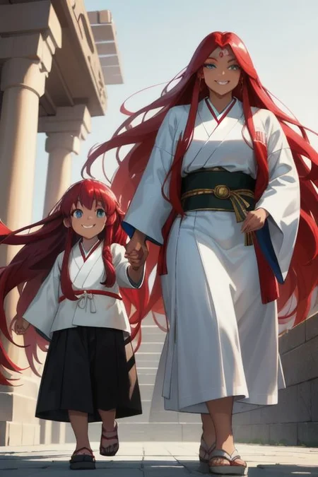 masterpiece, best quality, ultra realistic, 8k uhd, very high quality, extremely detailed face, very muscular Egyptian-Japanese woman walking and holding hands with a very young girl, tall woman and very young girl walking and holding hands, smiling and happy, (extremely dark caramel skin:1), bright blue eyes, absurdly long ruby red hair, super long ruby red hair, muscles, city environment