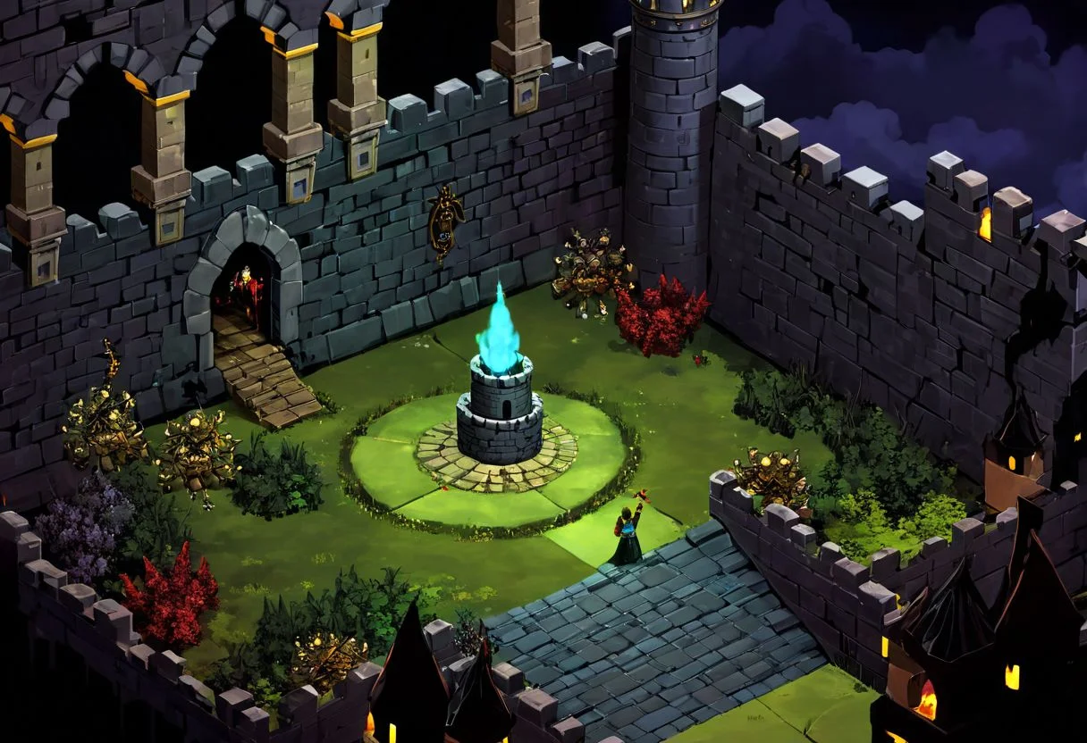 isometric landscape, a boss battle in a huge castle, dark mood, fantasy,,best quality, masterpiece, <lora:supgiantisosdxl:0.8>, painted, supgiantisosdxl, large landscape, dark, cartoon