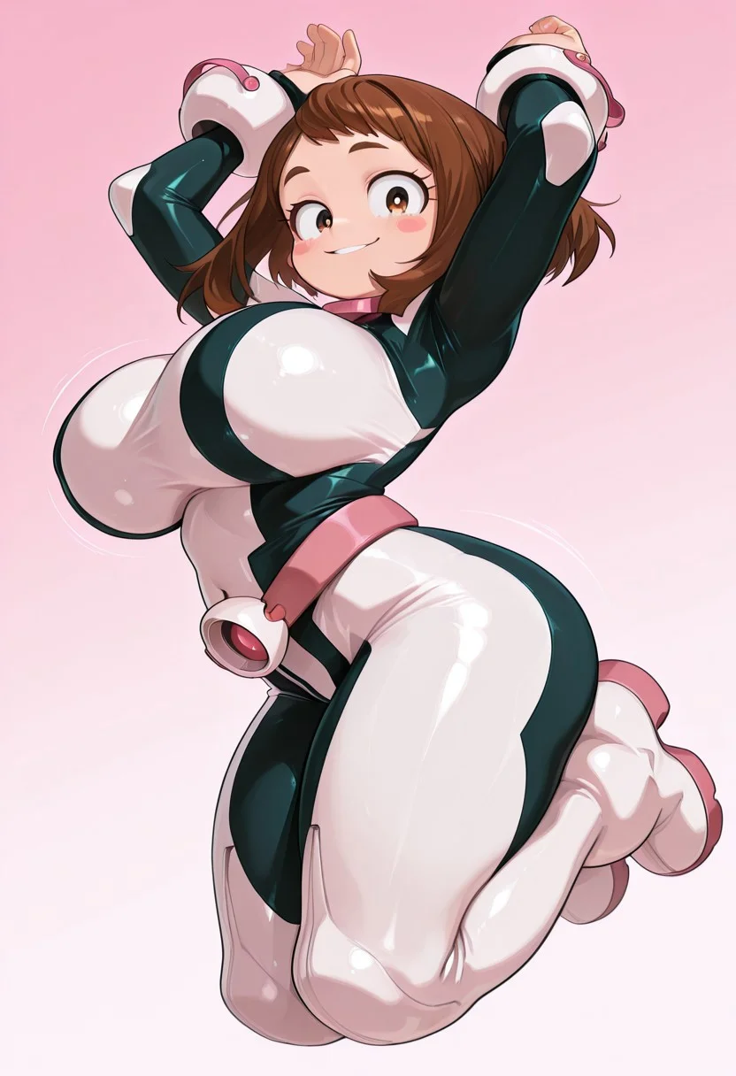 (score_9,score_8_up:1.1),score_7_up, source_anime, masterpiece, best quality, amazing quality, 
1girl, uraraka ochako, brown hair, brown eyes, Brown eyelashes, short hair, blush stickers, superhero, hero bodysuit, pink belt, pink wrist guards, smile, looking at viewer, big breasts, smile, shiny skin, shiny body, simple background, pink background, Gradient background, navel, solo, thick thighs, from side, Covered navel, plump, sideways, jumping, arms raised, legs bent, happy face, energetic posture, full body, Floating, 
C0qu3tt3, Kohei Horikoshi, My Hero Academia