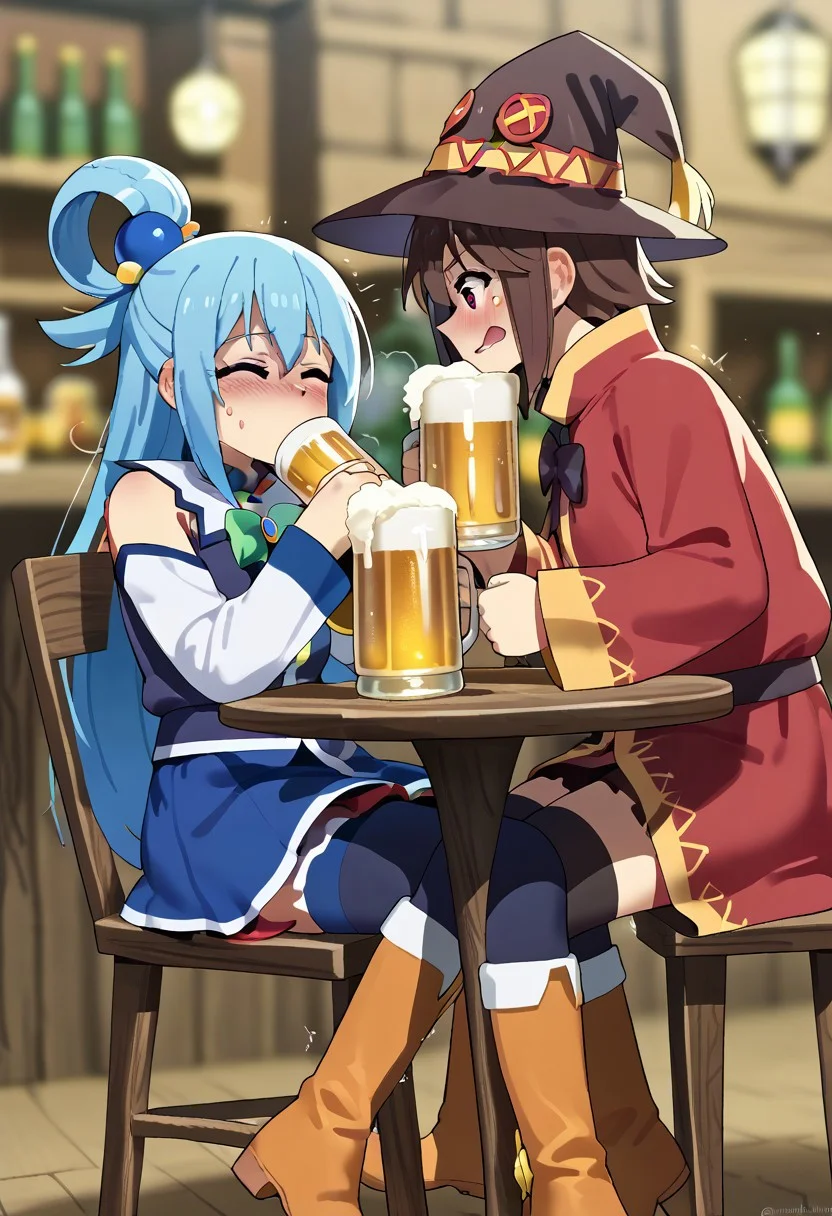 score_9,score_8_up,score_7_up, 2 girl, Megumin (konosuba), Aqua (konosuba), 1 girl, Brown hair, red eyes, fully clothed, robe, hat, gloves, stockings, boots, tavern, bright, sitting at a round table, wooden table, sitting on chairs, wooden chairs, holding a mug of beer in their hands, mugs of beer in their mouths, drinking beer, drinking at speed, flushed face, closed eyes, confusion, body shaking effect, intoxication bubble effect, visitors watching them, blurred background, blurred visitors, gallant shot, BREAK,<lora:mizumizuni_style_pdxl_goofy:1>Aqua (konosuba), 2 girl, :/, blue hair, dressed in her own clothes,