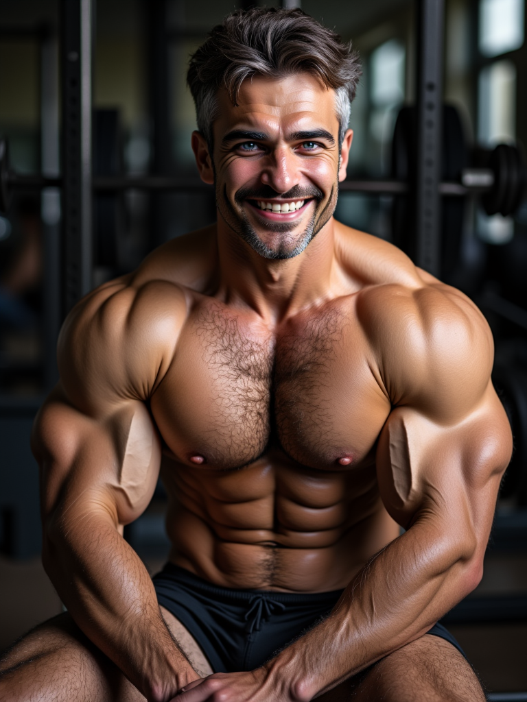 Iskender has blue eyes. He is an attractive mature man and is muscular. He is very seductive and erotic. He sits shirtless in a gym and trains his biceps. He grins arrogantly into the camera. His body is very hairy and sweaty.