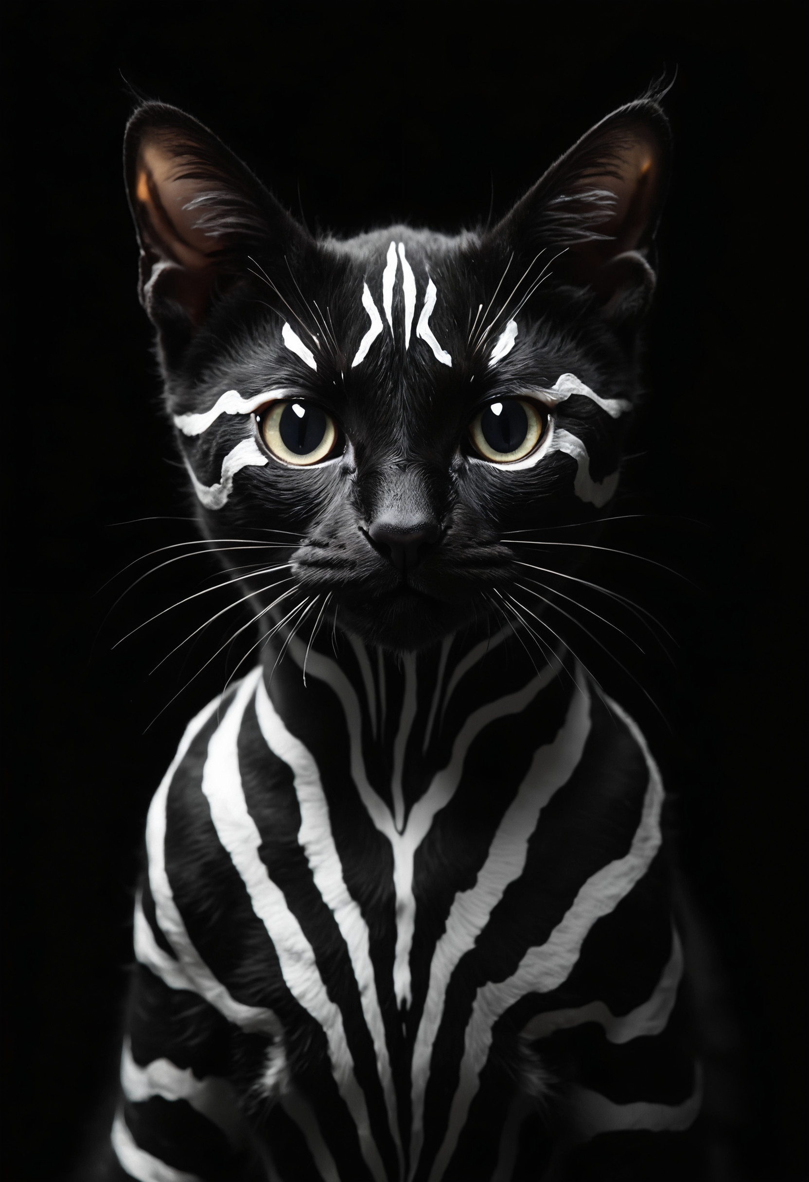 Hyperrealistic close-up portrait of a domestic shorthair cat with striking, artificially painted geometric patterns. The cat's face and upper body are covered in bold, precise white stripes and shapes against its natural black fur, creating a mesmerizing optical illusion. The pattern features straight lines, right angles, and symmetrical designs reminiscent of tribal or futuristic art.
The cat's piercing, almond-shaped eyes stand out against the black and white contrast, conveying a sense of mystery and quiet intensity. Its ears are perked forward, alert and attentive. The cat's small, pink nose is perfectly centered, providing a subtle touch of color amidst the monochrome design.
Shot against a pure black background, the lighting is dramatic and high-contrast, emphasizing the stark black and white patterns. The illumination highlights the sleek texture of the cat's short fur and the reflective quality of its eyes.
Every detail is captured with precision: individual whiskers, the subtle variations in the cat's skin texture, and the crisp edges of the painted patterns. The image is composed as a head and shoulder shot, filling the frame with the feline's uniquely adorned face and upper body.
The overall effect is a striking blend of feline grace and artificial design, creating an image that is both elegant and surreal, captured with the clarity and depth of a high-end fashion or wildlife photograph. The cat's inherent air of mystery is amplified by the enigmatic geometric patterns, resulting in a visually arresting portrait.
