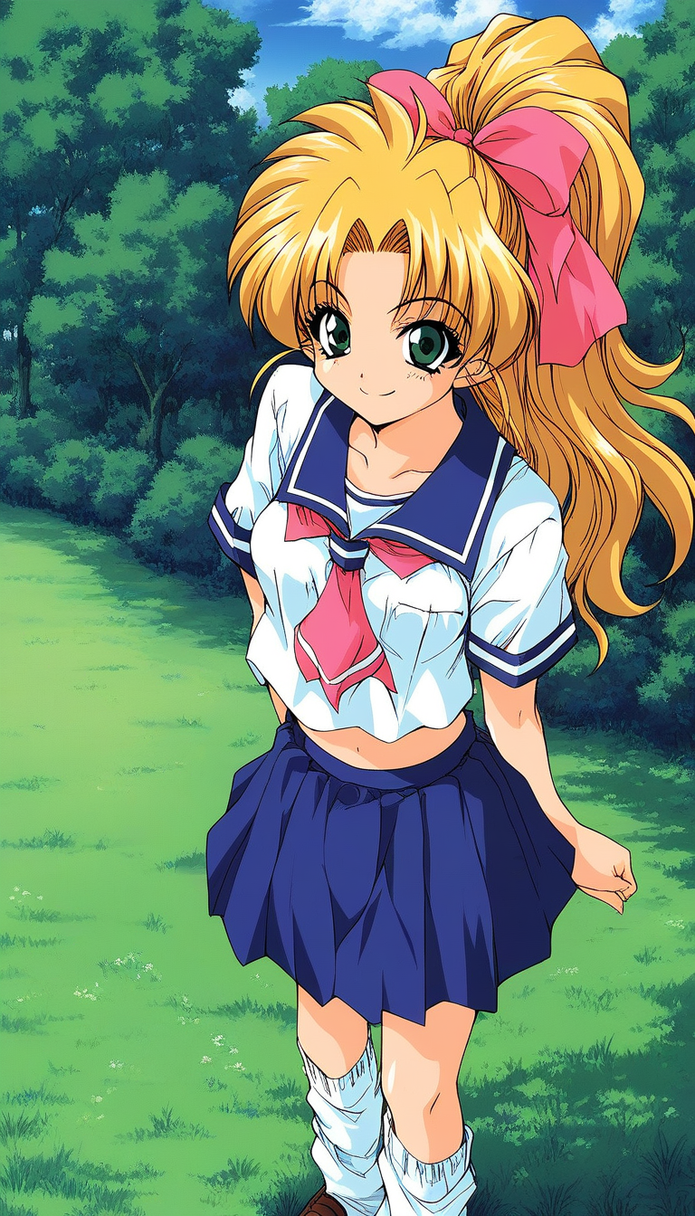 score_9, score_8_up, score_7_up, source_anime, rating_explicit, BREAK  <lora:Fujimura_Yui_XL:1>Fujimura_Yui, blonde hair, high ponytail, long hair, pink bow, hair ribbon, green eyes, breasts, 1990s (style), 
Fujimura_Yui, 1girl, solo, school uniform,  serafuku, socks, blue skirt,  loose socks, standing, 1990s (style), midriff,
looking at viewer, smile,
grass, sky,