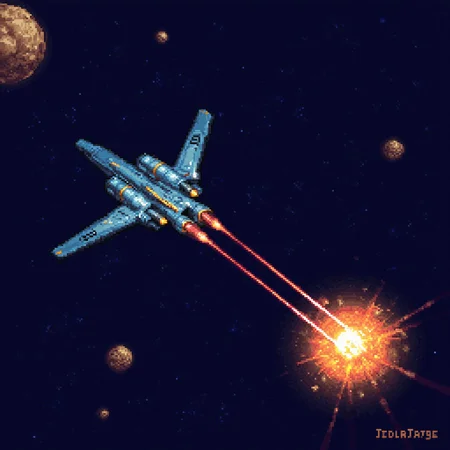 pixel art a spaceship flying through space. it is firing lazers. they are hitting an asteroid and making it explode. other asteroids are in the sky.