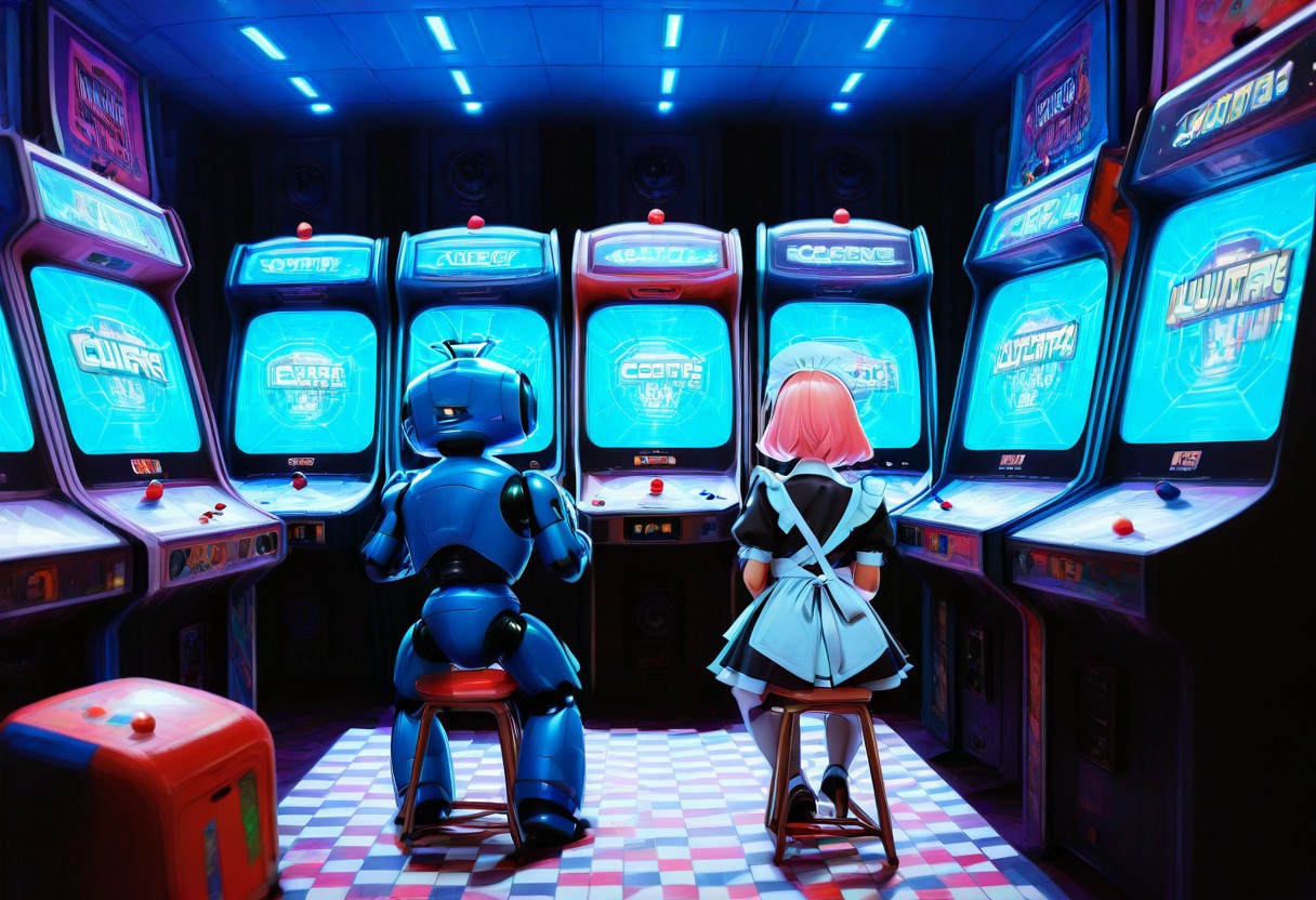 lazypos, h4v_h0l0,
score_9, score_8_up, score_7_up, masterpiece, best quality, amazing quality, very aesthetic, high resolution, ultra-detailed, beautiful eyes, absurdres, scenery, depth of field, volumetric lighting, dynamic angle,
1boy,1girl, boy and girl sitting by each other,
boy is a CivBot, gigachad, sigma male, playing arcade,
girl is a CivChan, maid,pink hair, short hair, bangs, purple eyes, playing arcade,
4rc4d3, indoors, arcade machines, monitors, checkered carpet, joystick,