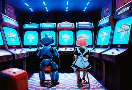 lazypos, h4v_h0l0,
score_9, score_8_up, score_7_up, masterpiece, best quality, amazing quality, very aesthetic, high resolution, ultra-detailed, beautiful eyes, absurdres, scenery, depth of field, volumetric lighting, dynamic angle,
1boy,1girl, boy and girl sitting by each other,
boy is a CivBot, gigachad, sigma male, playing arcade,
girl is a CivChan, maid,pink hair, short hair, bangs, purple eyes, playing arcade,
4rc4d3, indoors, arcade machines, monitors, checkered carpet, joystick,