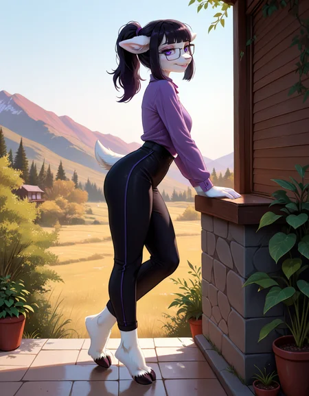 masterpiece, best quality, very aesthetic, absurdres,
outdoors,
full body, seductive smile, parted lips, long eyelashes,
 <lora:Tala_v01_NAIXL:1>
T4l4,1girl,solo,furry,furry female,black hair,animal ears,ponytail,blunt bangs,purple eyes,glasses,snout,animal nose,body fur,white fur,tail,hooves,