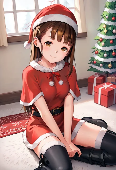 score_9, score_8_up, score_7_up, anime_source, source_anime, best background, detailed background, anime screencap, (best quality, ultra detailed), good eyes, perfect eyes, detailed eyes, detailed face, 
hideousbeing, hideousbeingStyle, 1girl, large breast, solo, brown hair, medium-long hair, straight hair, brown eyes, bangs, happy, looking at viewer, 
BREAK
<lora:sexy santa_pony_V1.1:0.7> belt, boots, capelet, christmas, dress, short dress, bare legs, hat, santa costume, santa hat, 
BREAK
sitting on the floor, ((wariza)), <lora:Wariza 2-000007:1><lora:Decorating_Christmas_Tree:0.8> living room, carpet, furniture, Christmas decorations on the wall, Christmas tree, presents on the floor, window, at night, snow falling outside.