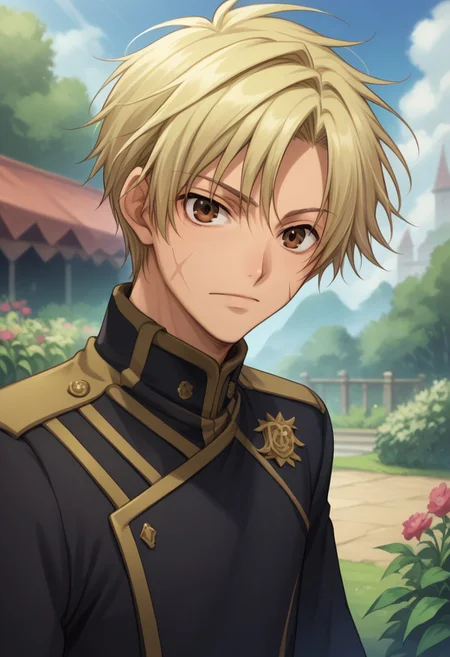 score_9, score_8_up, score_7_up, source_anime, highly detailed,
mikage, 1boy, blonde hair, short hair, male focus, brown eyes, scar, scar on face, uniform, solo, military, military uniform, upper body, looking at viewer,
outdoor, garden, sky,