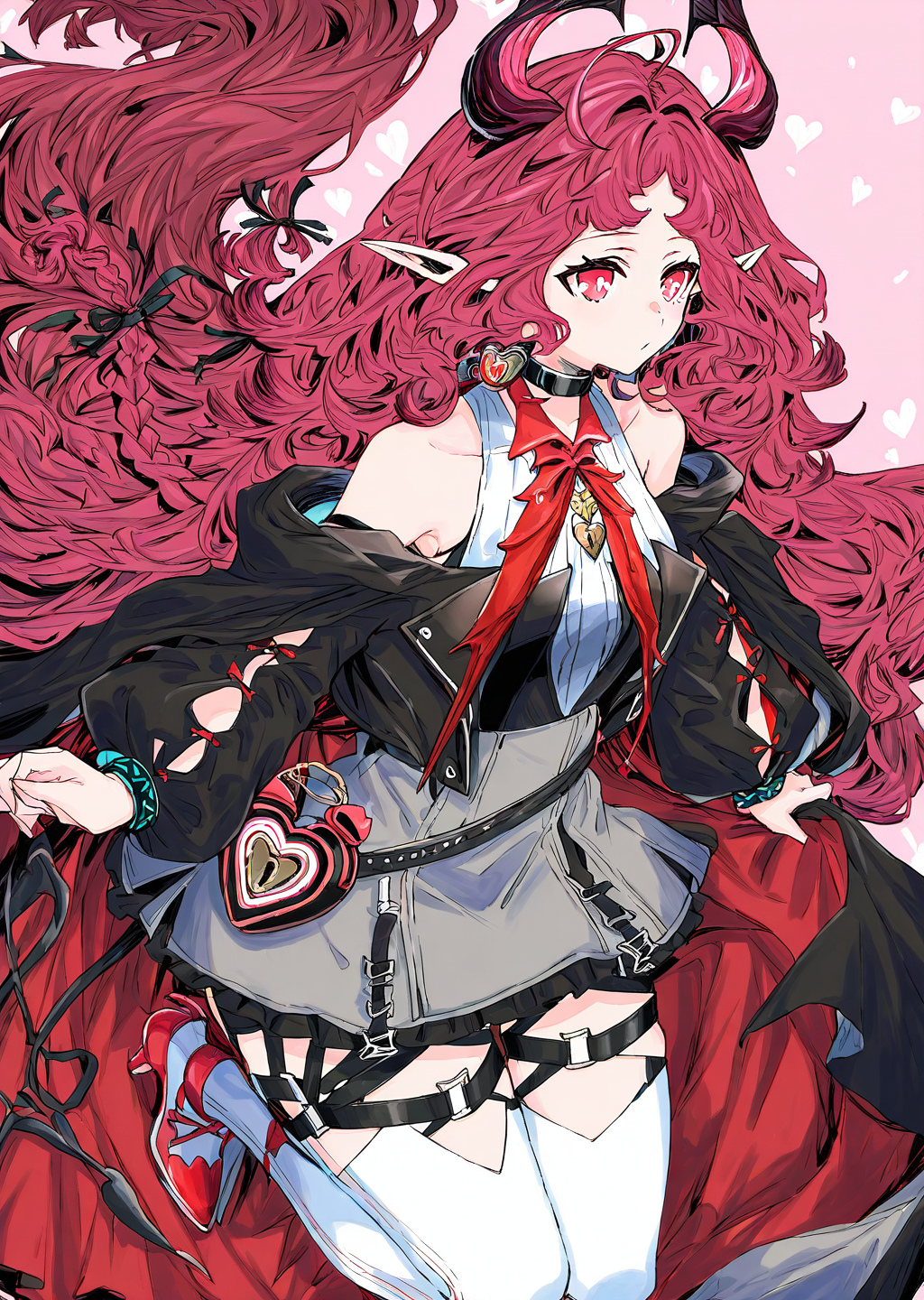 <lora:BebopSensen250208:1>,Bebopsensen,<lora:nymph_arknights_for_IL:1>,nymph_\(arknights\),pointy ears,red hair,red eyes,horns,ahoge,demon horns,braid,dress, white thighhighs , thigh strap,  high heels , off shoulder, red bowtie , black choker,   heart-shaped bag,<lora:NOOB_vp1_detailer_by_volnovik_v1:1>,<lora:noobai_ep11_stabilizer_v0.138_fp16:1>,