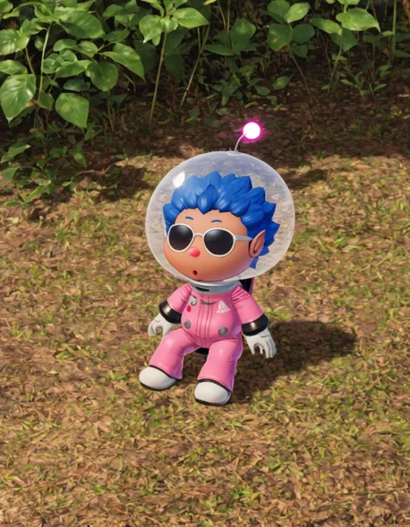 P1km1nCrew, afro, 1boy, man, male focus, solo, outdoors, blue hair, pink jumpsuit, space_helmet, thin head, sitting, sunglasses, anime, tan skin,
<lora:P1km1nCrew_SDXL:.9>