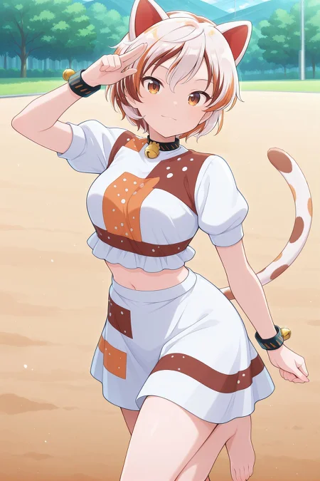 absurdres, highres, masterpiece, best quality, amazing quality, official anime artwork, screencap, anime screencap, outdoors, looking at viewer, light smile, dynamic pose, 
 <lora:Mike-Goutokuji_Illustrious:1> goutokuji mike, 1girl, solo, brown eyes, white hair, streaked hair, short hair, cat ears, cat tail, medium breasts,, neck bell, bell, bracelet, white shirt, patchwork clothes, puffy short sleeves, navel, white skirt, barefoot,