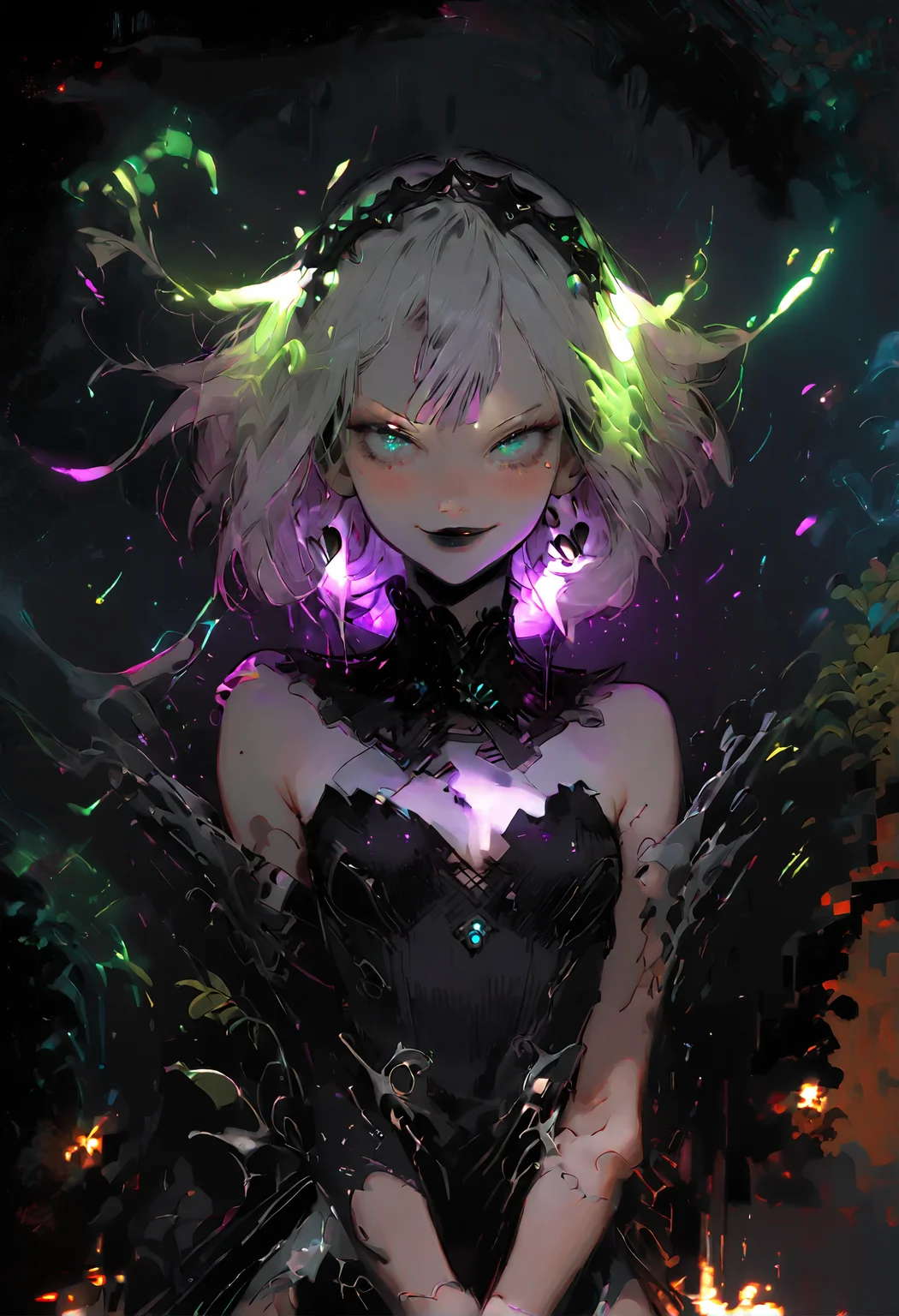 score_9, score_8_up, score_7_up, fantasy, naughty, small breasts, deep cleavage, splash art, source anime, anime screencap, masterpiece, expressive eyes, perfect face, cinematic lighting, volumetric lighting, bloom, post-processing, crona, white hair, glowing hair, neon hair, blue eyes, looking at viewer, torn clothes, blush, perfect ass, closed mouth, full body, perfect dress, anime celestial dress, anime background, (neon shading:1.6), white moon, looking to the viewer, black lips, celestial theme, smiling,(_theme_:1.3), eye contact, <lora:easynegative:1>, <lora:Expressive_H:1>, <lora:age_slider_v4:-0.5>, <lora:StS_detail_slider_v1:2>, <lora:xl_more_art-full_v1:0.25>, <lora:incase-ilff-v3-4:0.45>, <lora:c0l0urgl0wXLP:0.8>, c0l0urgl0w, glowing, <lora:lowlight:-0.3>,<lora:g0th1cPXL:0.5>, g0th1cpxl, <lora:princess_xl_v2:0.3>, <lora:WasurePony:0.25>, <lora:PerfectEyesXL:1.3>, <lora:Hades_Art_Style:1.8>