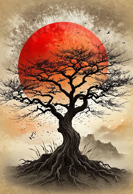 Old tree, A detailed illustration muted chinese ink painting, muted colors, rice paper texture, splash paint, halo ai, one human, one red sun. Venus. Space. Clouds wet to wet techniques. vibrant vector. using Cinema 4D<lora:xl_more_art-full_v1:0.5>
