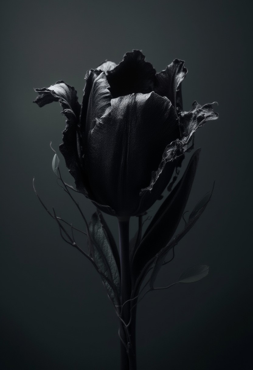anime, illustration, cartoon, 4k  
Beauty, OverallDetail, fHandDetail, eye catching, drab, hyperkraximalism. She planted it under the light of the new moon, and as the days passed, a sprout emerged, then a stem, and finally, a bud, black as night.
The villagers watched in awe as the bud unfurled its petals, revealing a tulip so black, it seemed to absorb all light around it. She created the black tulip, a marvel that defied nature itself.