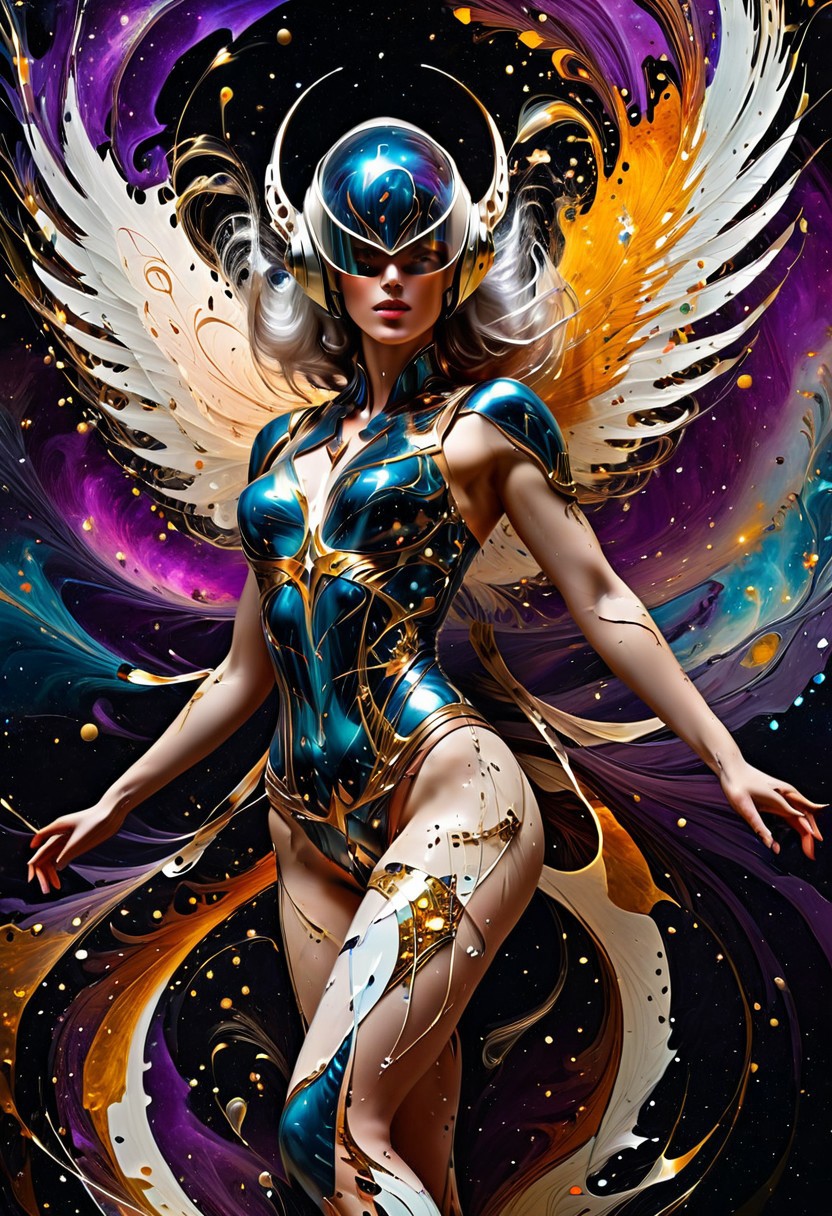 Female, 28, human-celestial hybrid, 6'2", ethereal grace, stoic power, shimmering luminescent skin, piercing amethyst eyes, silver-white hair, starlit beads, flowing vestment, stardust alloy armor, celestial etchings, glass visor helmet, nebula iridescence, translucent energy feathers, cosmic glow, "Stellaris Guardian" mecha exosuit, 10-foot wingspan, phoenix essence, epic battles, intergalactic diplomat, gentle warrior spirit, rare artifact collector, ancient poetry aficionado, interstellar guardian, tactical strategist, humble heroine, cosmic emblem, starlit elegance, diplomatic valkyrie, dynamic angle, dynamic pose, Jackson Pollock paint splash style