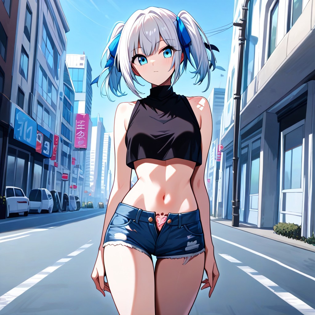 score_9, score_8_up, score_7_up, 1la, black sleeveless crop top, denim shorts, blue ribbons, womb tattoo, walking in new york, new york, broadway, source_anime, ntm,