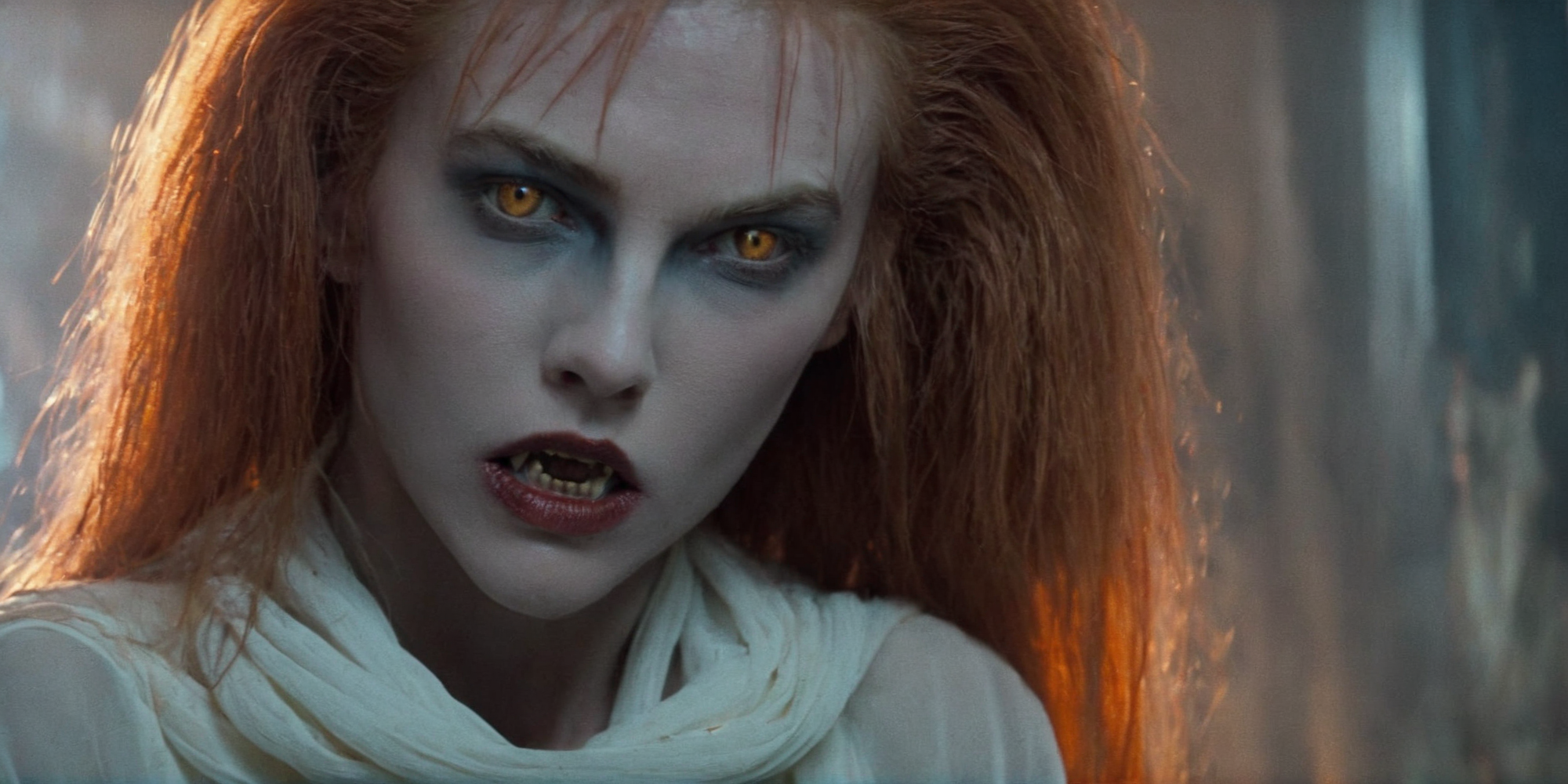 Horror-themed,  <lora:Fright Night 1985 Film Style:1>
Cinematic Closeup Shot Film Footage captured by Panavision Cameras and Lenses, vampire creature, Amy a vampire in a white scarf dress with a creature face and scary monster teeth staring at camera with red yellow eye lenses and long orange red hair and vampire makeup with a creepy look on her face in a room with cool blue dramatic light on Fright Night 1985 Film Style, Eerie, unsettling, dark, spooky, suspenseful, grim, highly detailed