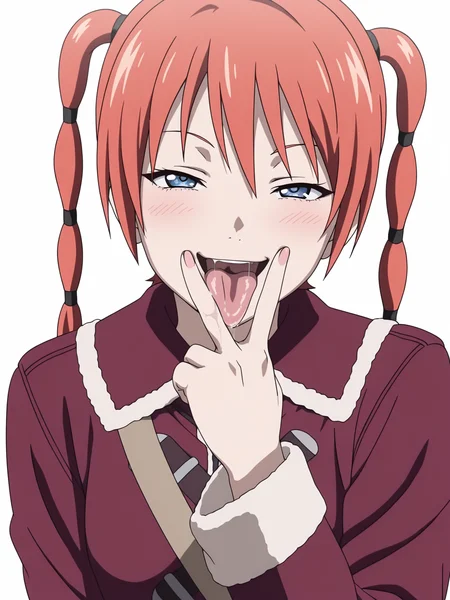 best quality, amazing quality, very aesthetic, absurdres, masterpiece, <lora:Ran_Theoria_ILXLv0:0.9> ran_theoria, coat, anime screencap, white background, <lora:cunnilingus-gesture-ponyxl-lora-nochekaiser:1> cunnilingus gesture, v over mouth, tongue out, tongue, v, saliva, smug,