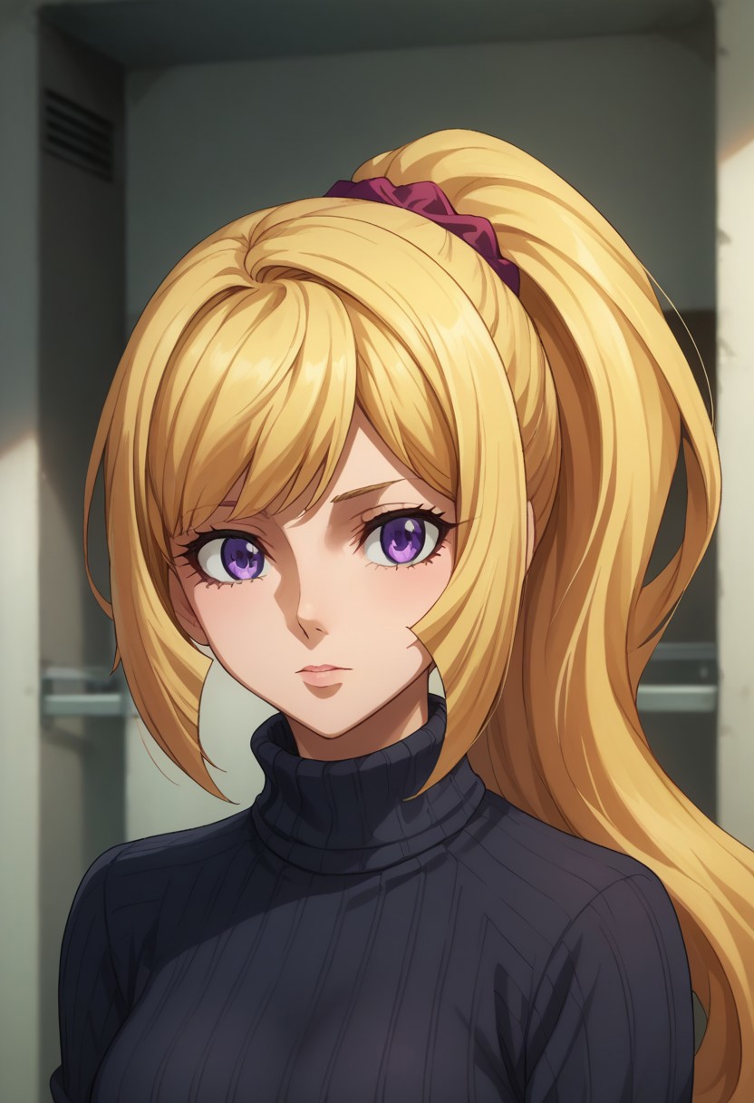 score_9, score_8_up, score_7_up, source_anime, highly detailed, 
kudelia, 1girl, solo, long hair, blonde hair, ponytail, purple eyes, sweater, turtleneck, ribbed sweater, scrunchie, upper body,
indoor, hangar,
