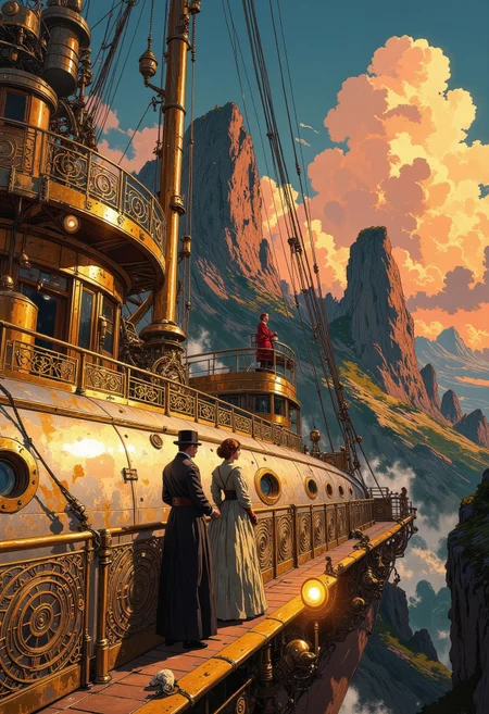 A breathtaking close up shot of the deck of a futuristic Art Deco-style airship, its sleek metallic hull adorned with elegant gold detailing. The ship’s deck is elongated, streamlined form features intricate filigree, large observation balconies, exuding an air of luxury and sophistication. Victorian era travelers wearing suits and elegant gowns stand by intricate golden railings, and mechanical gears seamlessly integrated into the design. The deck overlooks a landscape of towering rock pinnacles that rise dramatically into the sky. The towering rock pinnacles dominate the background, lit by golden sunset light, their immense, monolithic forms creating a sense of awe and wonder. Clouds are rim lit with hues of Orange and red. High detail, painterly textures, 8K resolution, atmospheric depth, concept art, mysterious and adventurous tone. DB4RZ, DB4RZ style painting, Anime art
