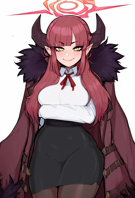 masterpiece, best quality, medium breasts, (curvy), zzAru, yellow eyes, pink hair, long hair, demon horns, halo, brown coat, white shirt, black skirt, red ribbon, fur-trimmed coat, , <lora:AruBlueArchive_NAI:1.0>,, smile, looking at viewer, cowboy shot, ,<lora:AfrobullNAI:1.0>,