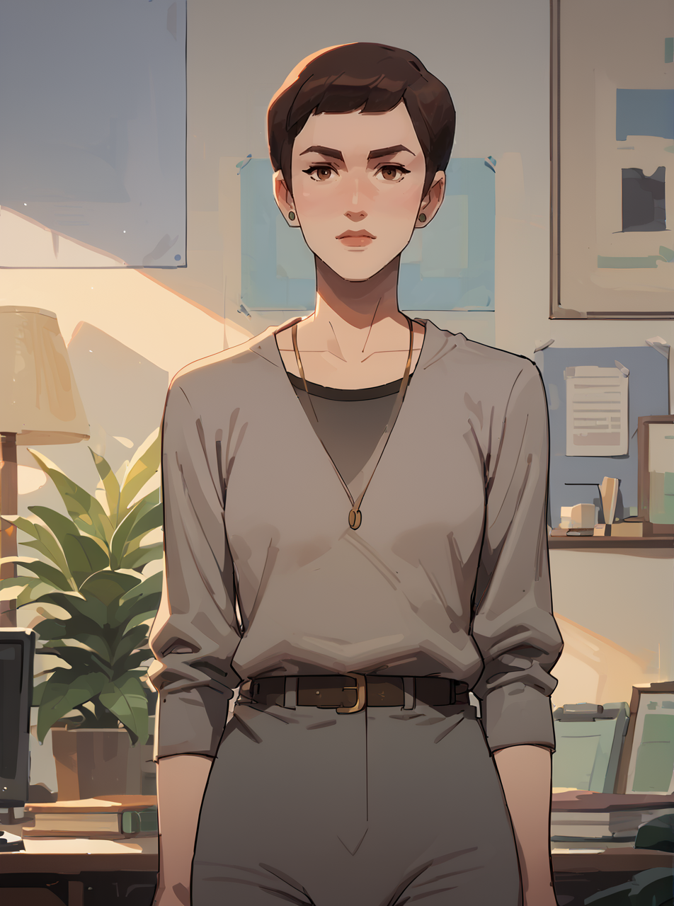 score_9, score_8_up, score_7_up, 1girl, short hair, cartoon, looking at viewer, <lora:ellenkpxl:1>, ellenkpxl, brown hair, grey top,  2d, office, pants, best quality, black undershirt,