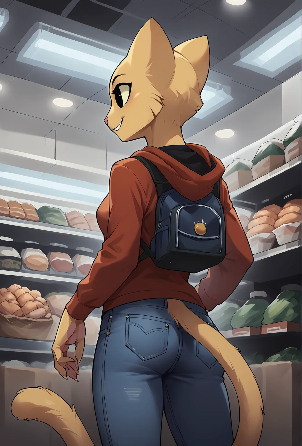 score_9, score_8_up, score_7_up, score_6_up, score_5_up, score_4_up, depth of field, grocery store, indoors <lora:Smooth Night Style SDXL_LoRA_Pony Diffusion V6 XL:0.7> ceiling light, black ceiling, modern, skylight BREAK
<lora:katia_managan_ponyXL_v1.2:1> 1girl, katia managan, furry, cat girl, solo, black eyes, solid circle pupils, eye reflection, hoodie, jeans, denim, from behind, backpack, smile, dynamic pose, leaning