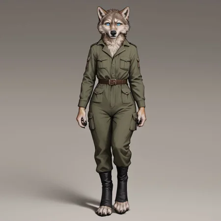 score_9, score_8_up, score_7_up, source_furry, detailed face, detailed eyes, incredible detail BREAK 1girl, solo, anthro, wide shot (furry female, wolf, light brown fur, monotone fur, light blue eyes,slightly wide hips, small breasts), black nose, whiskers, ear flop, solo, looking at viewer, cartoon style, full body, hunter outfit, archer outfit, shy pose