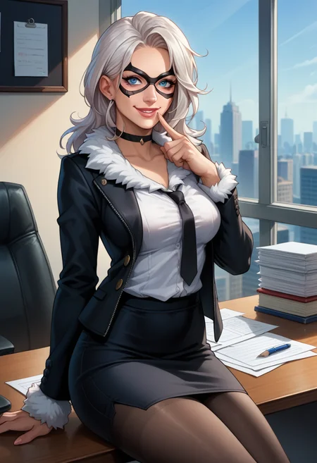 score_9, score_8_up, score_7_up, source_anime, BREAK solo, 1 girl, <lora:FNBlackCat-000008:1> , BlaCtFN, white hair, mask, blue eyes, choker, fur trim, black jacket, white shirt, black necktie, office, finger to mouth, seductive smile, sitting, on desk, breasts, pencil skirt, pantyhose,