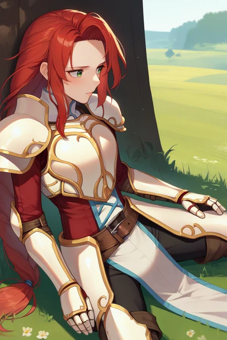 score_9, score_8_up, score_7_up, score_6_up, source_anime BREAK 1girl, solo, <lora:fetitania-pdxl-nvwls-v1-000005:1> defTitania, red hair, green eyes, braided ponytail, armor, shoulder armor, red coat, gauntlets, belt, pelvic curtain, pants, sitting, spread legs, blush, looking to the side, field
